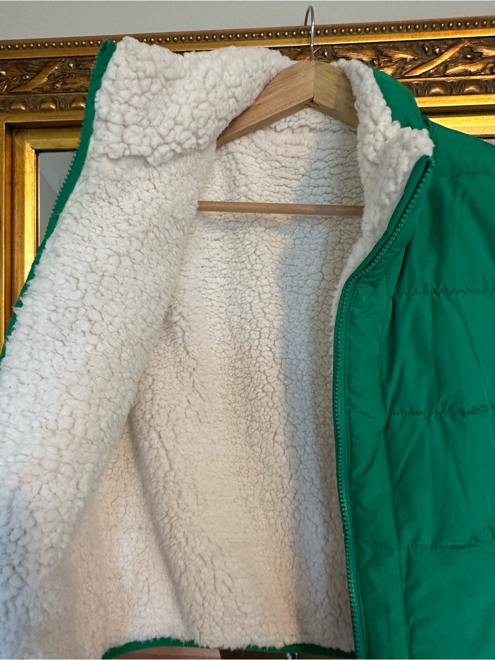 Reversible Green Puffer and Cream Sherpa Vest